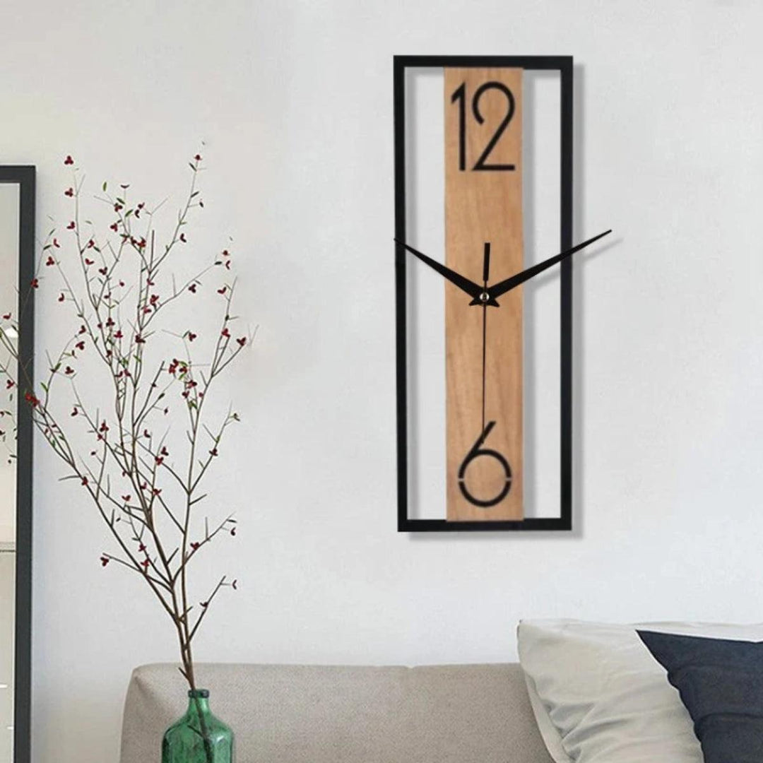 Slim Rectangular Silent Wall Clock With Wood And Metal Frame