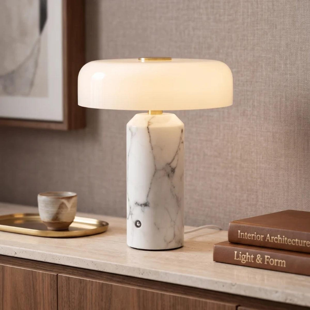 Table Lamp With Marble Base And Opal Styled Shade