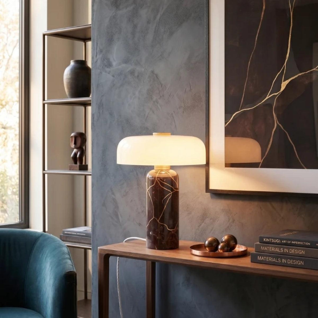 Table Lamp With Marble Base And Opal Styled Shade