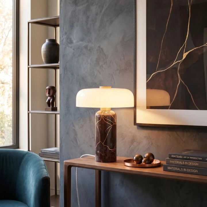 Table Lamp With Marble Base And Opal Styled Shade