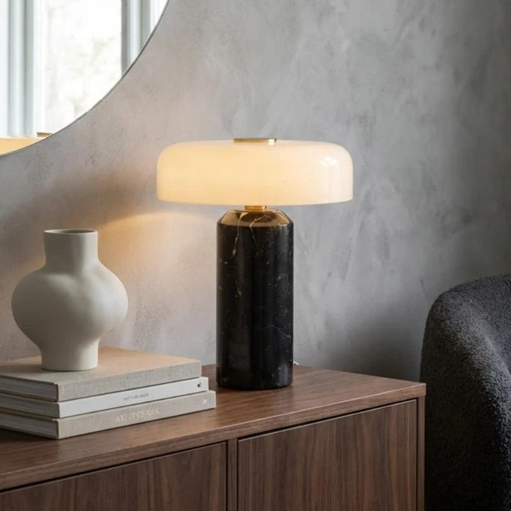 Table Lamp With Marble Base And Opal Styled Shade