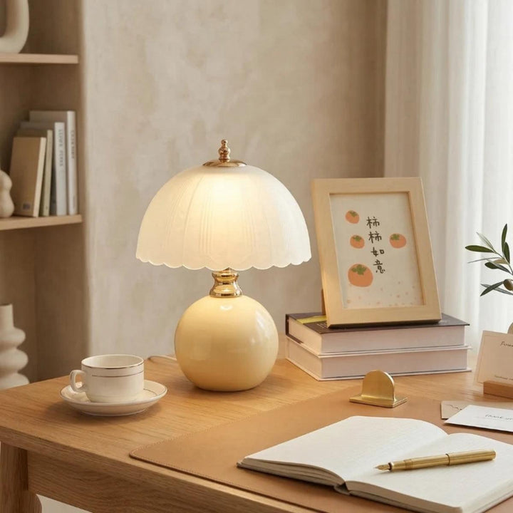 Table Lamp With Scalloped Dome Shade And Round Spherical Base