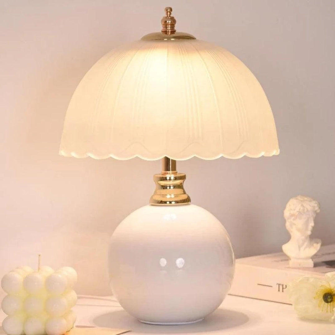 Table Lamp With Scalloped Dome Shade And Round Spherical Base