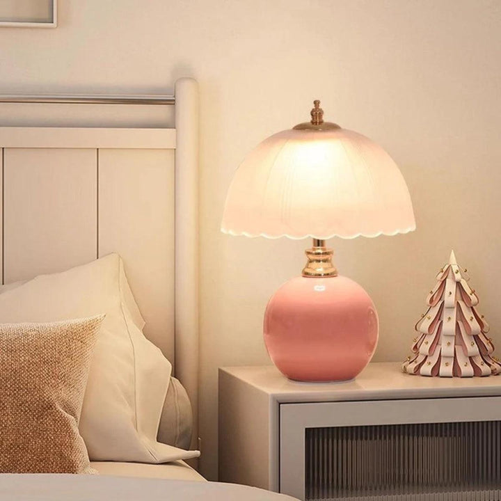 Table Lamp With Scalloped Dome Shade And Round Spherical Base