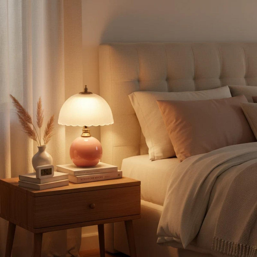Table Lamp With Scalloped Dome Shade And Round Spherical Base
