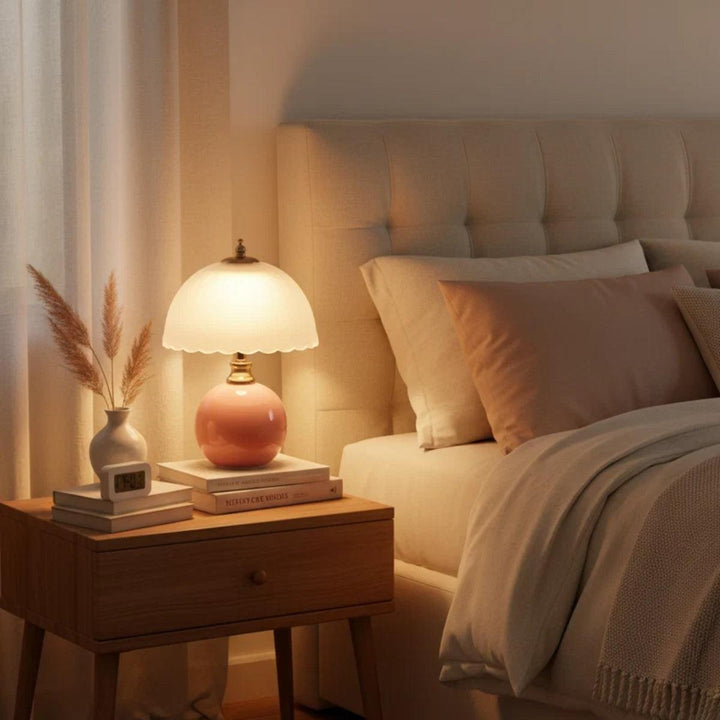 Table Lamp With Scalloped Dome Shade And Round Spherical Base