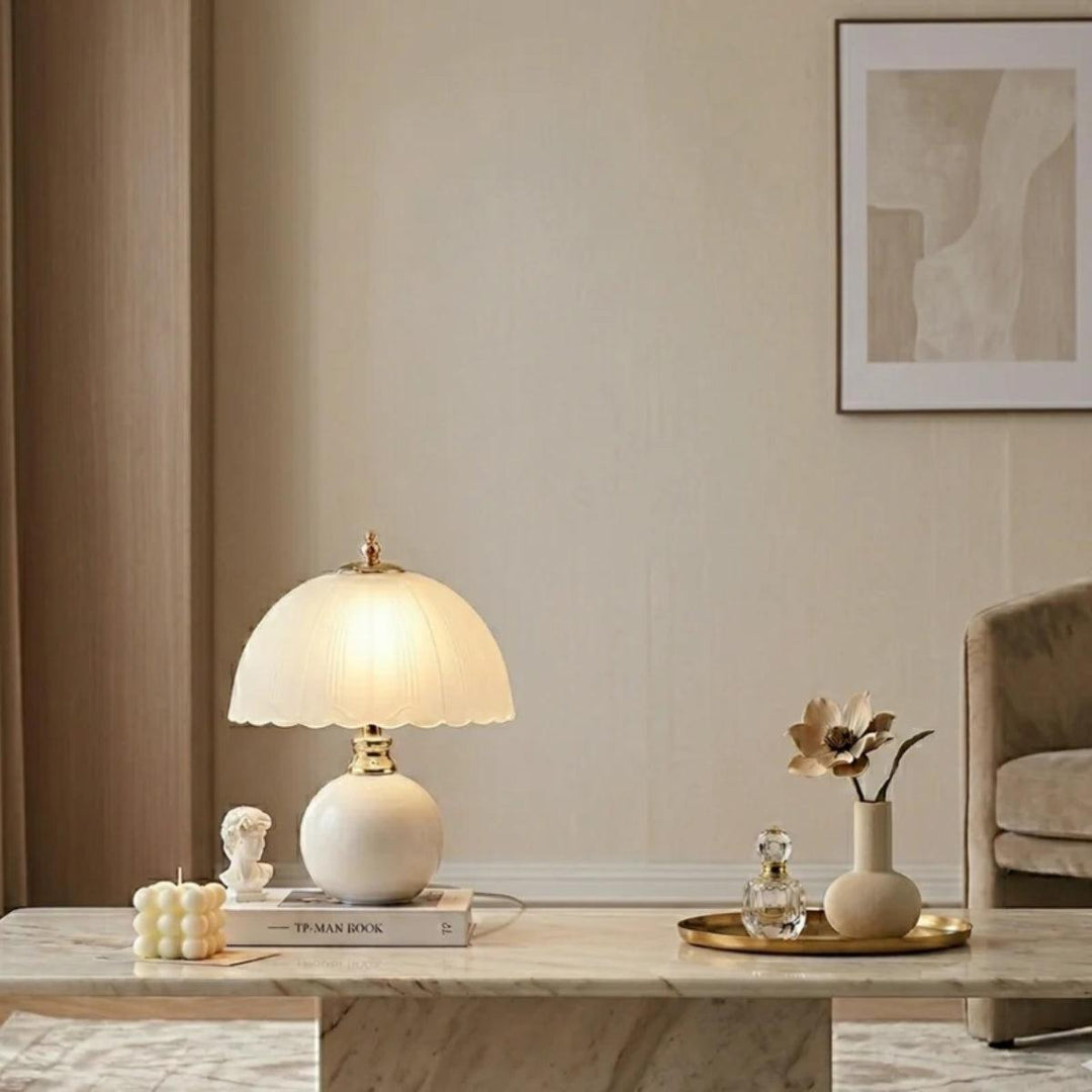 Table Lamp With Scalloped Dome Shade And Round Spherical Base
