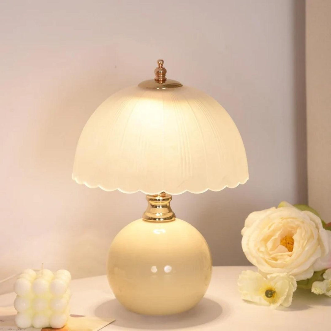 Table Lamp With Scalloped Dome Shade And Round Spherical Base