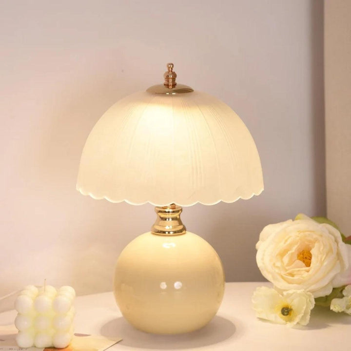 Table Lamp With Scalloped Dome Shade And Round Spherical Base