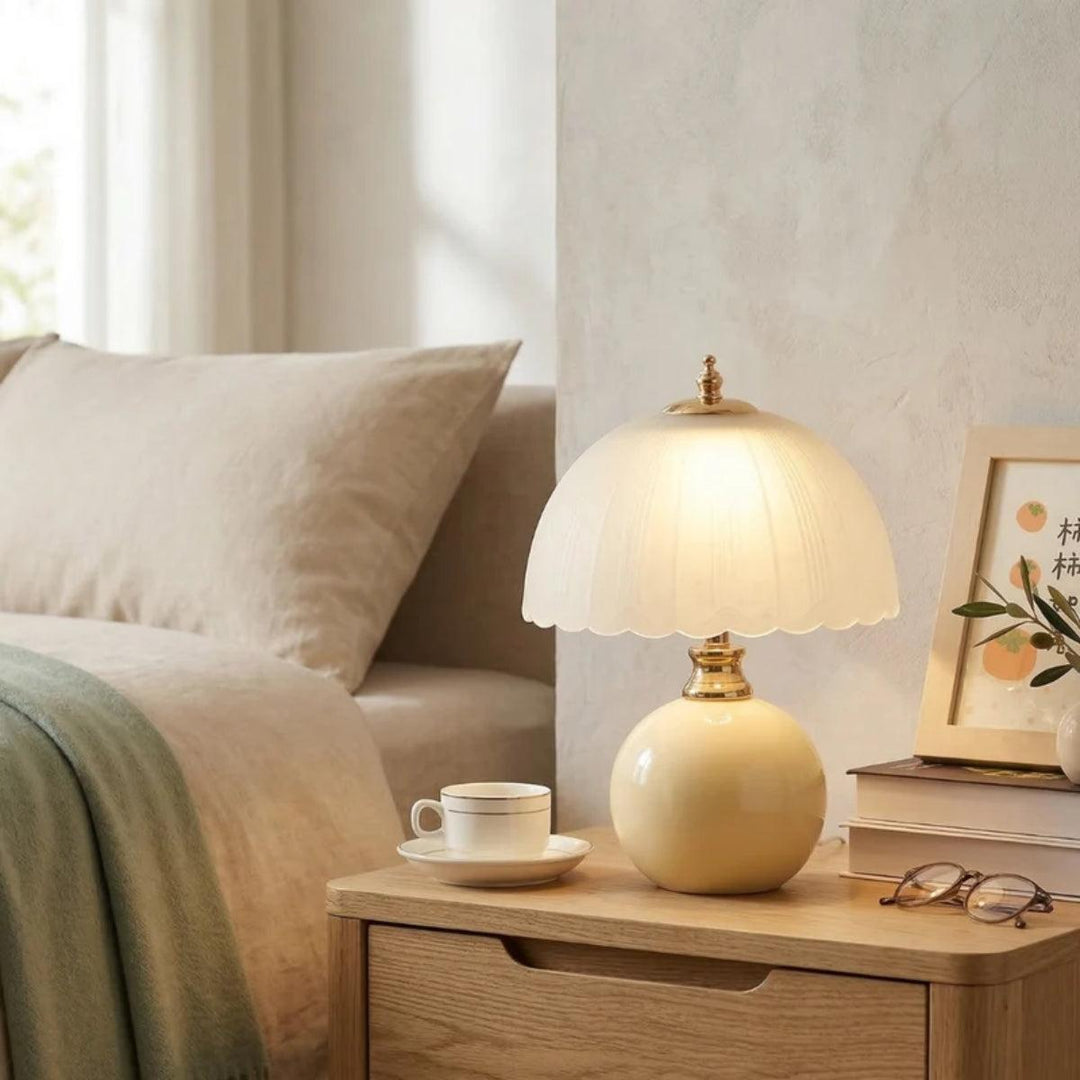 Table Lamp With Scalloped Dome Shade And Round Spherical Base