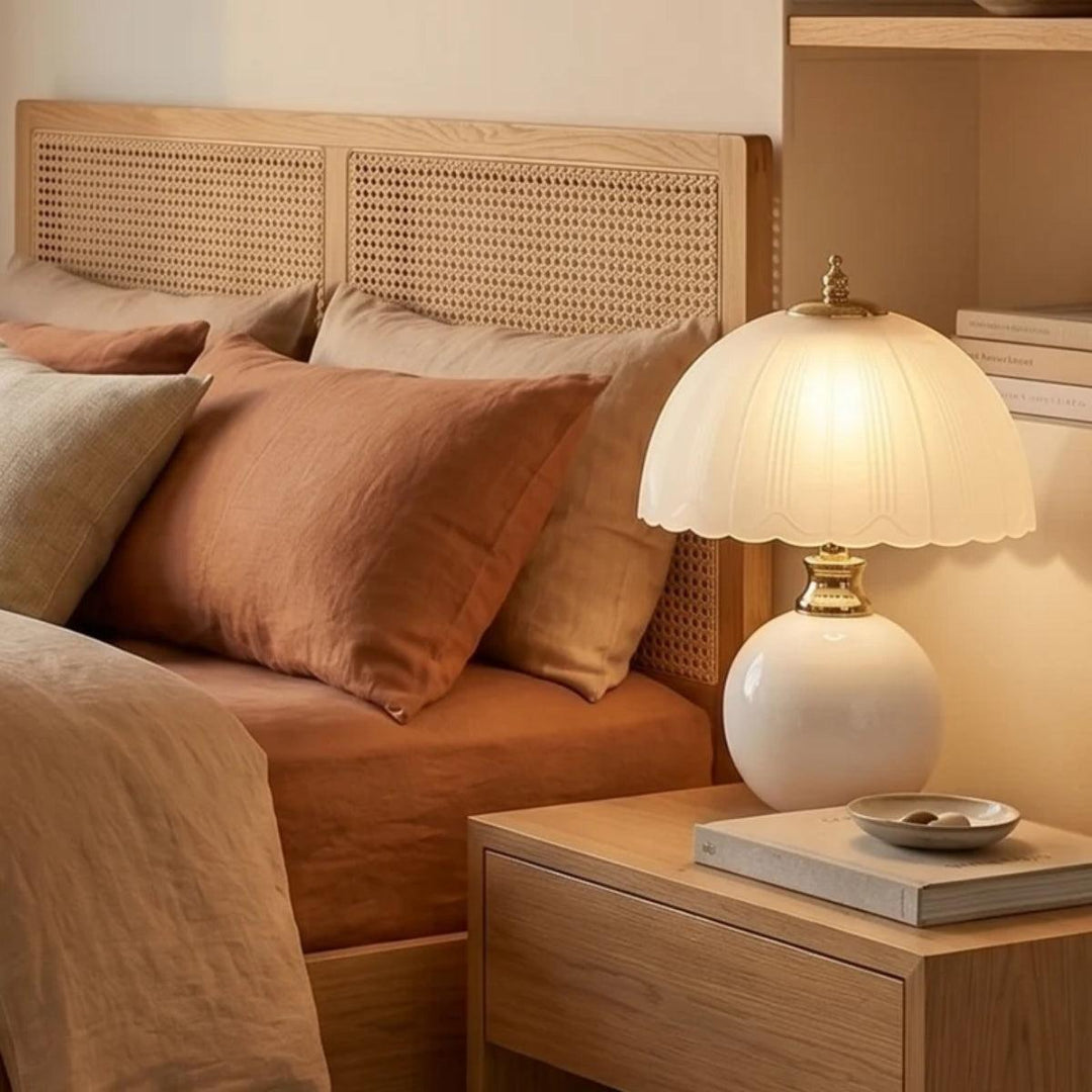 Table Lamp With Scalloped Dome Shade And Round Spherical Base