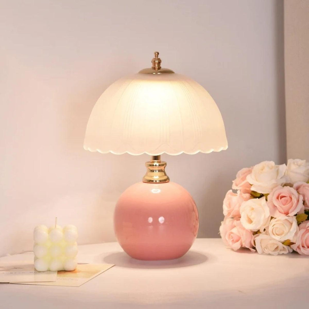 Table Lamp With Scalloped Dome Shade And Round Spherical Base