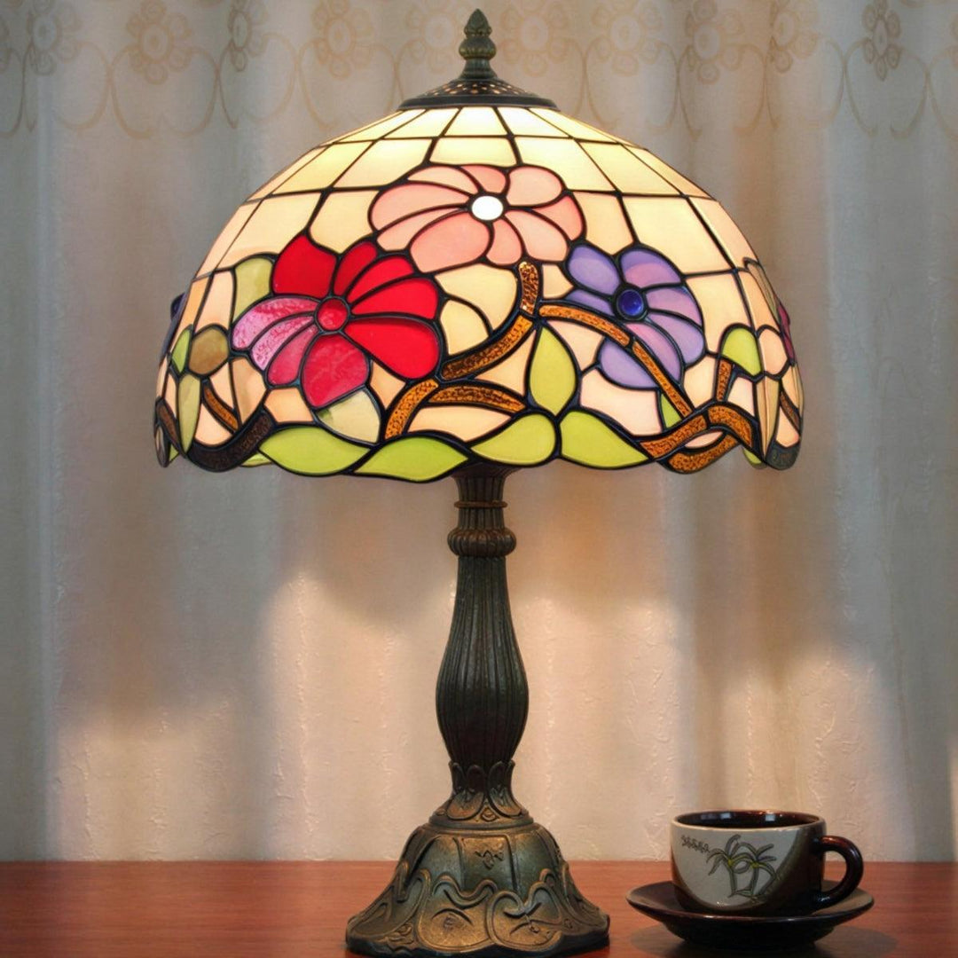 Table Lamp With Vintage Antique Stained Glass With Floral Pattern
