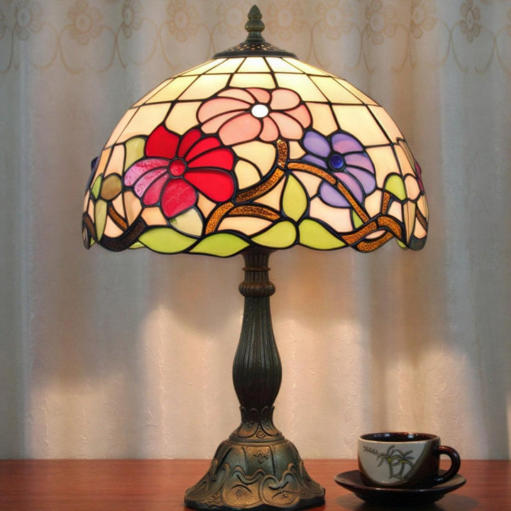 Table Lamp With Vintage Antique Stained Glass With Floral Pattern