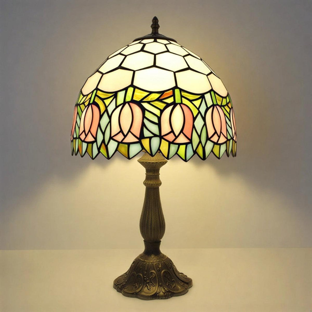 Table Lamp With Vintage Antique Stained Glass With Floral Pattern