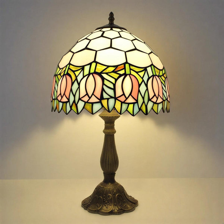 Table Lamp With Vintage Antique Stained Glass With Floral Pattern