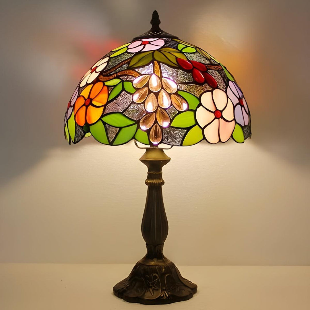 Table Lamp With Vintage Antique Stained Glass With Floral Pattern