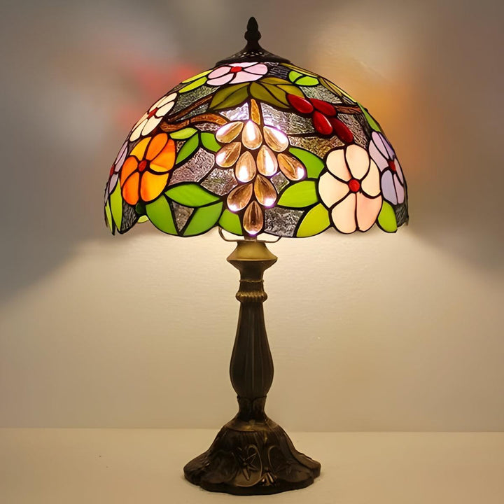 Table Lamp With Vintage Antique Stained Glass With Floral Pattern