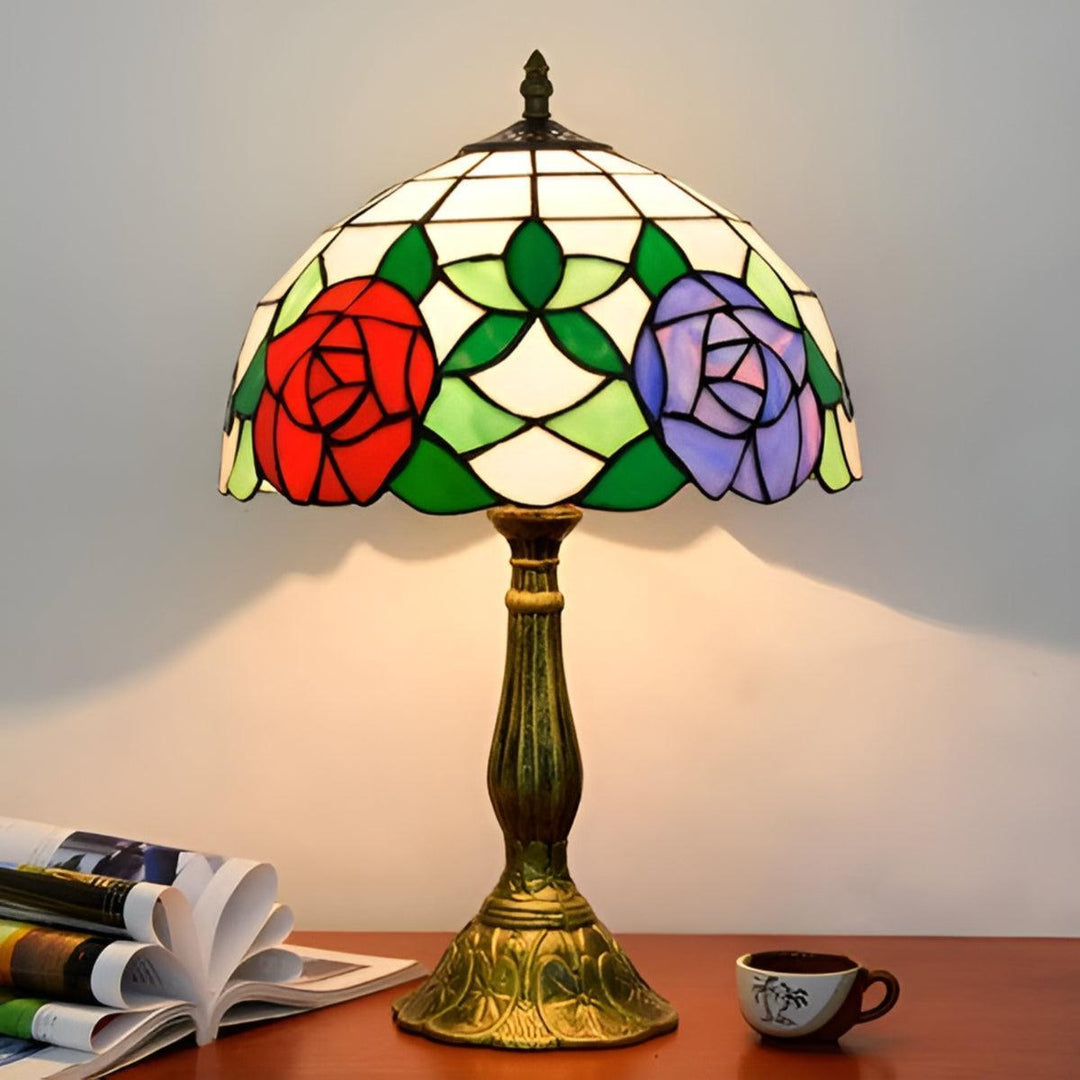Table Lamp With Vintage Antique Stained Glass With Floral Pattern