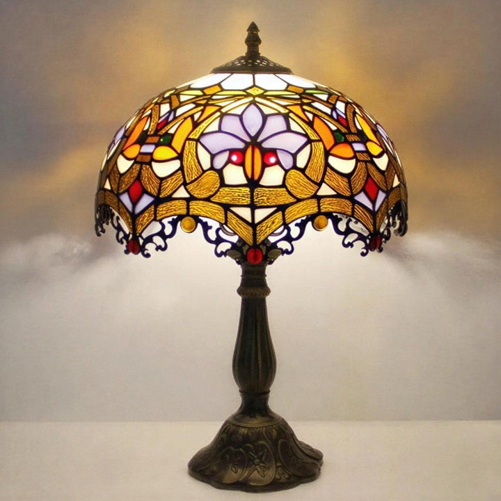 Table Lamp With Vintage Antique Stained Glass With Floral Pattern