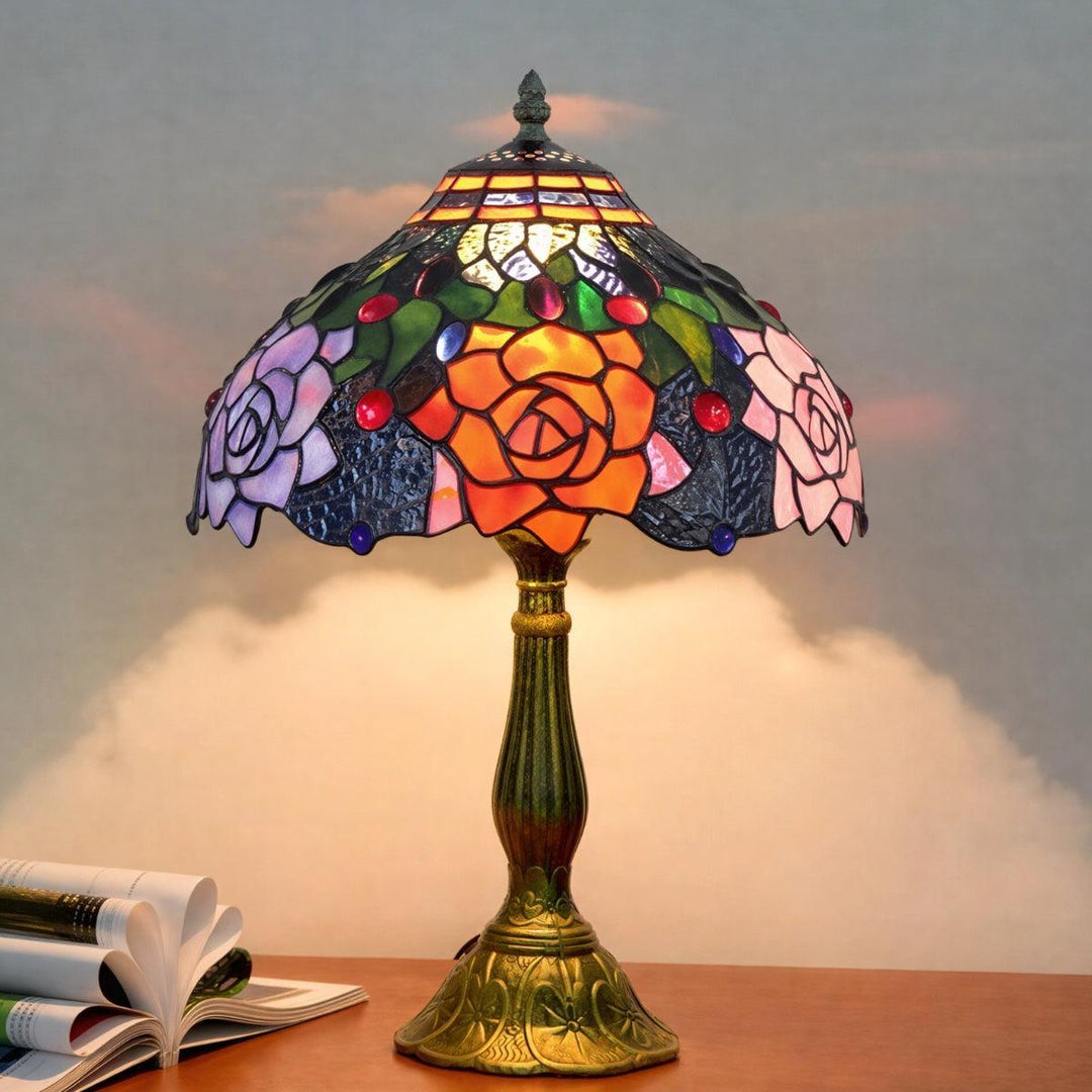 Table Lamp With Vintage Antique Stained Glass With Floral Pattern