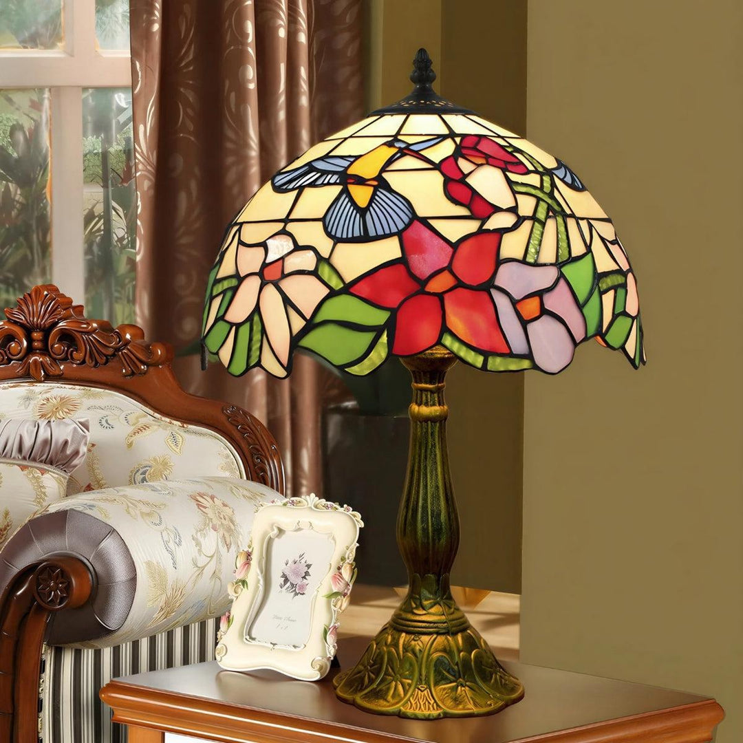 Table Lamp With Vintage Antique Stained Glass With Floral Pattern