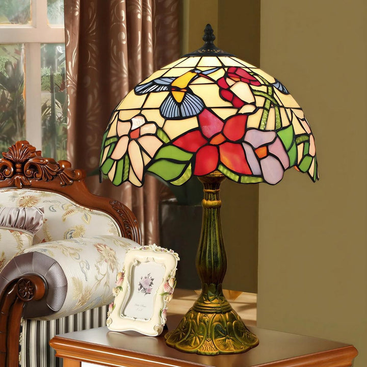 Table Lamp With Vintage Antique Stained Glass With Floral Pattern