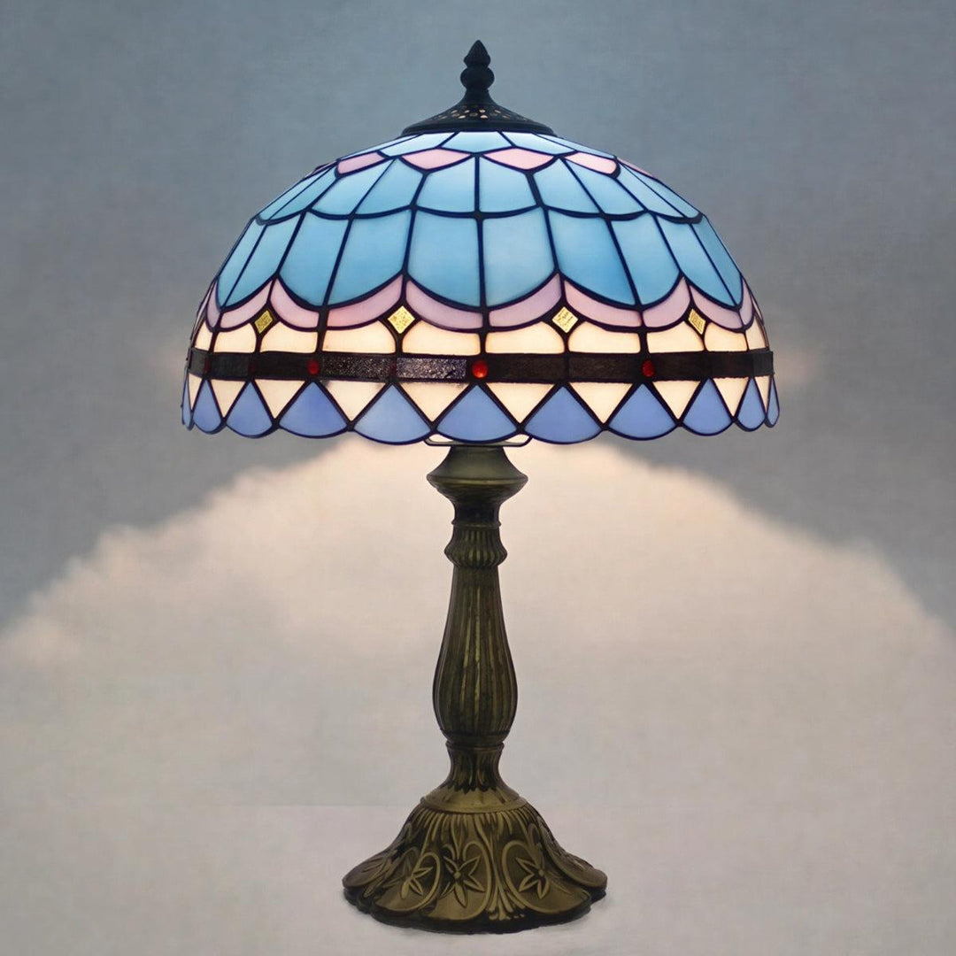 Table Lamp With Vintage Antique Stained Glass With Floral Pattern