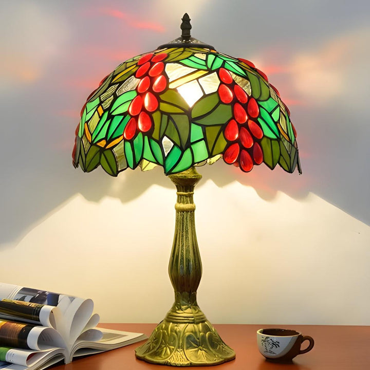 Table Lamp With Vintage Antique Stained Glass With Floral Pattern