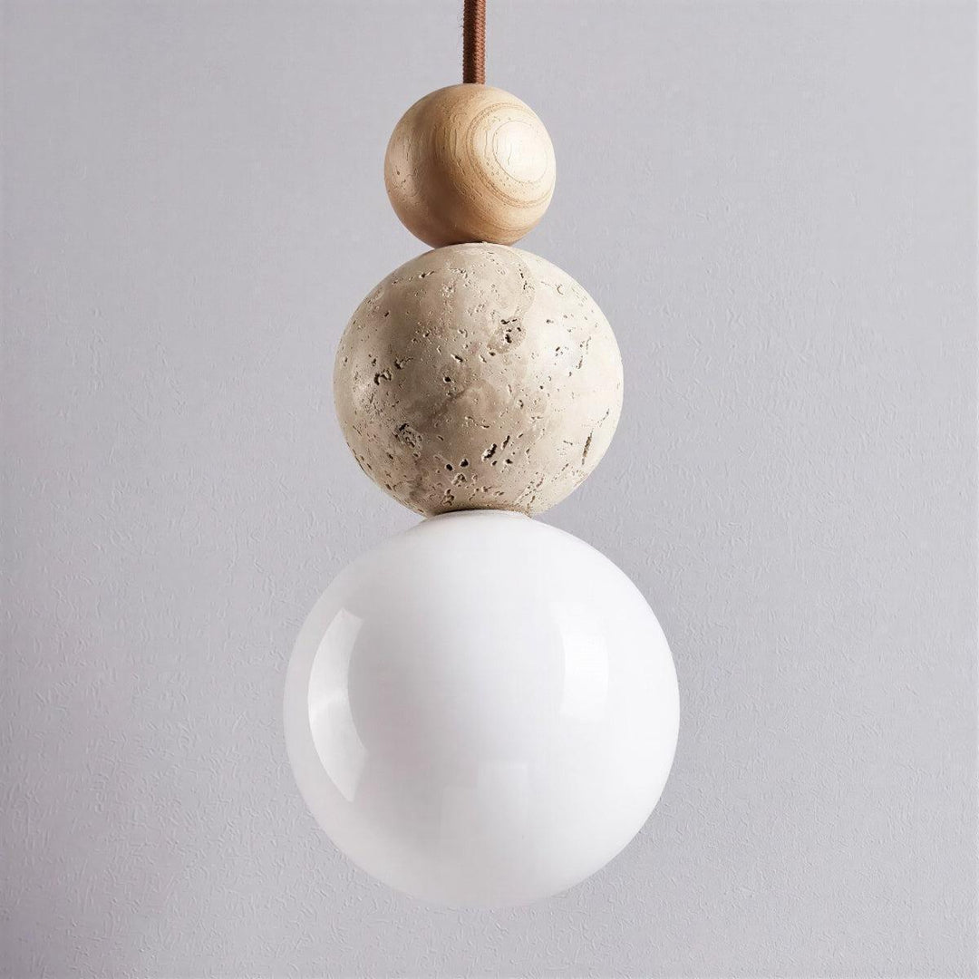 Travertine Pendant Light With Sculptural Stacked Globe Spheres