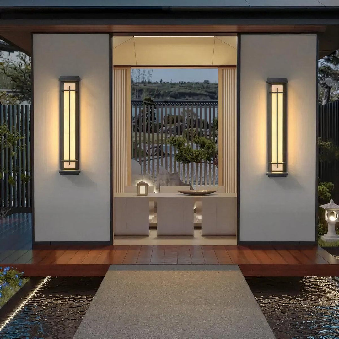 Vertical Exterior Alabaster Wall Sconce Light With Modern Architectural Cage