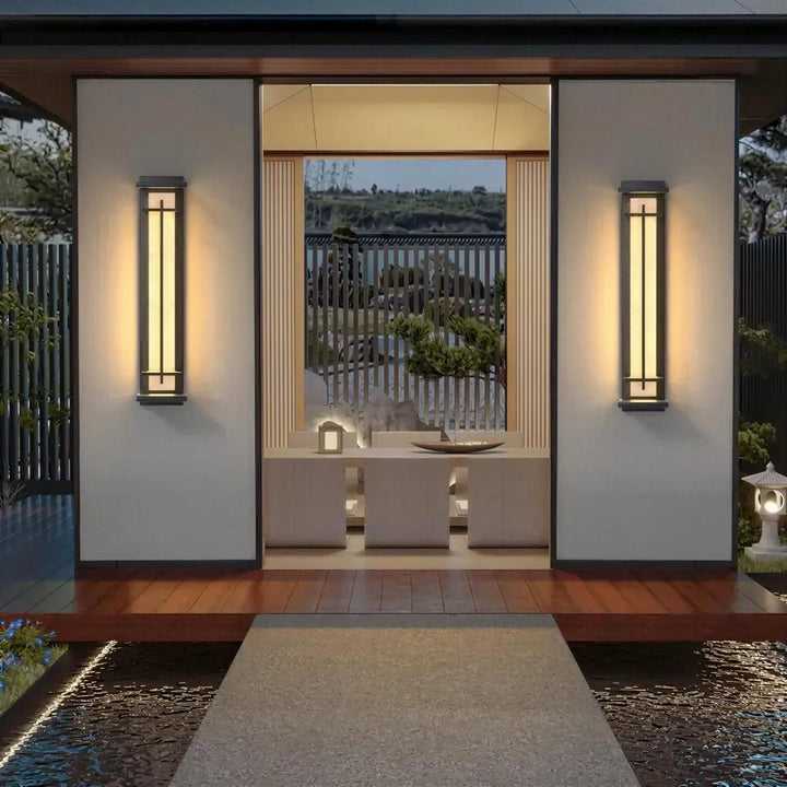 Vertical Exterior Alabaster Wall Sconce Light With Modern Architectural Cage