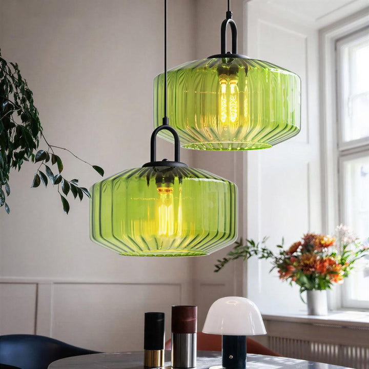 Vintage Ribbed Hanging Glass Pendant Light