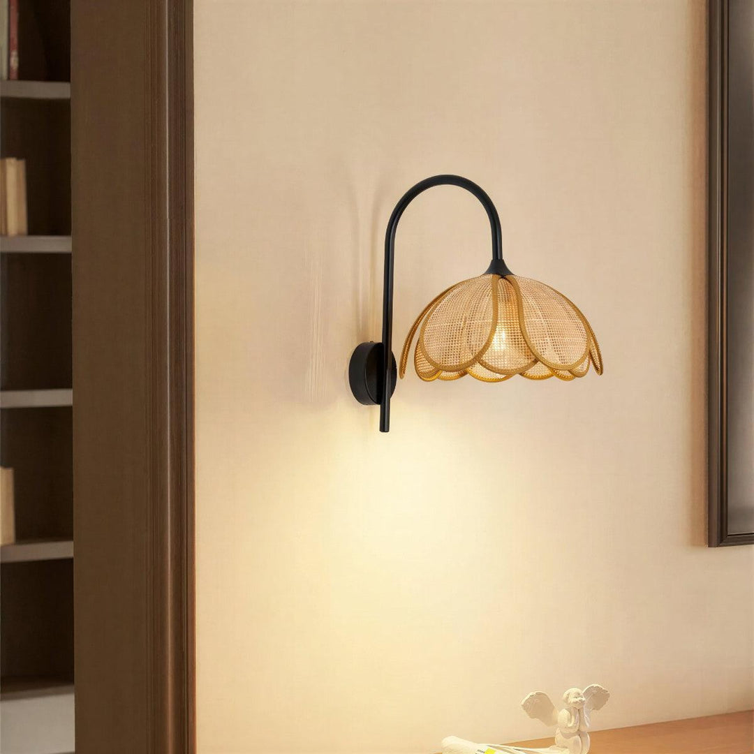 Wall Light With Rattan Shade and Decorative Floral Bloom Design