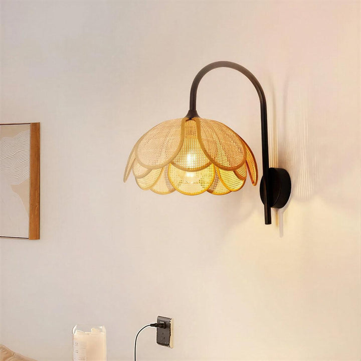 Wall Light With Rattan Shade and Decorative Floral Bloom Design