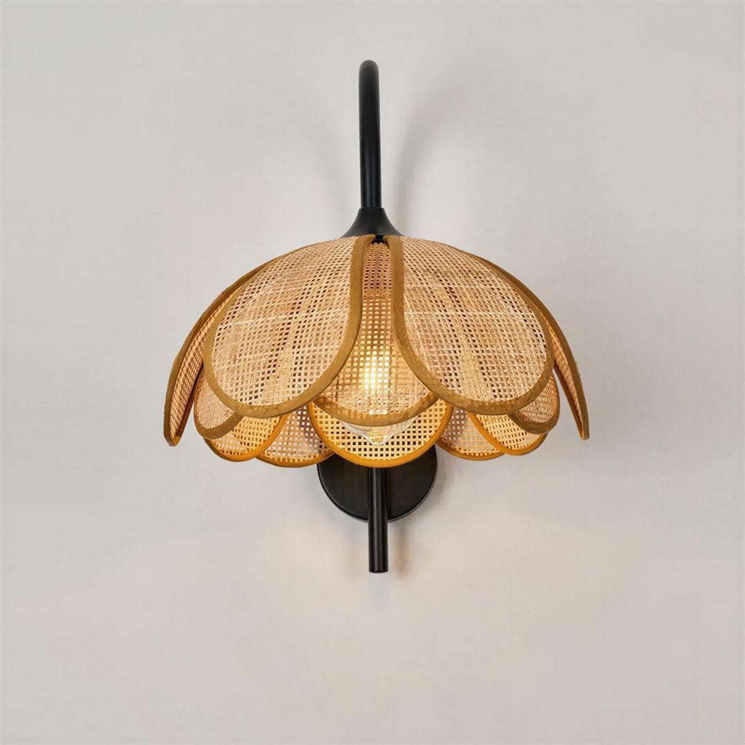 Wall Light With Rattan Shade and Decorative Floral Bloom Design