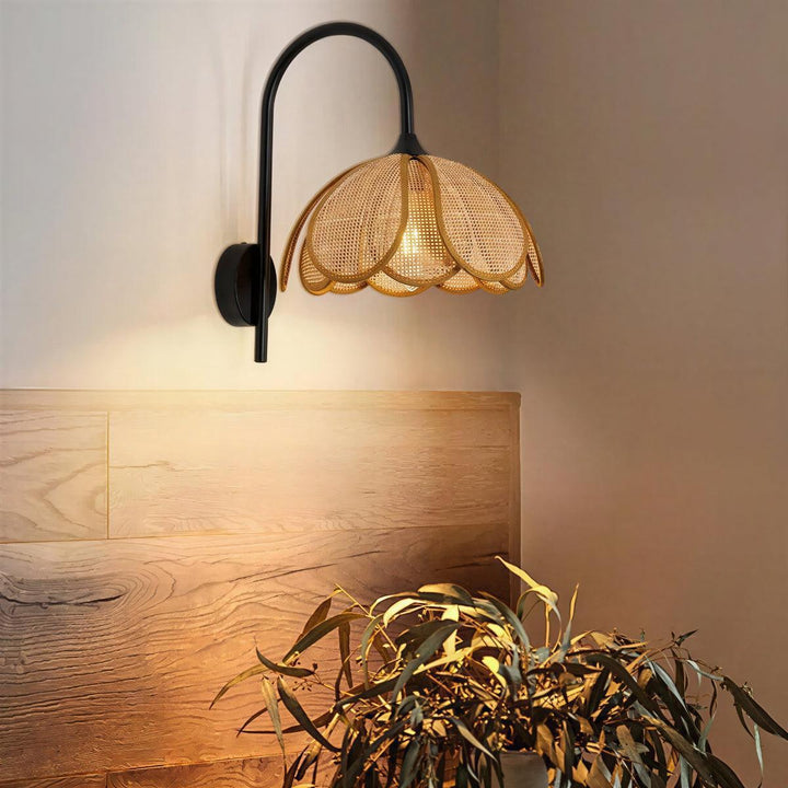 Wall Light With Rattan Shade and Decorative Floral Bloom Design