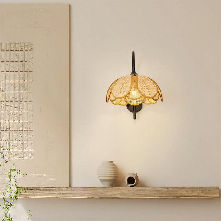 Wall Light With Rattan Shade and Decorative Floral Bloom Design
