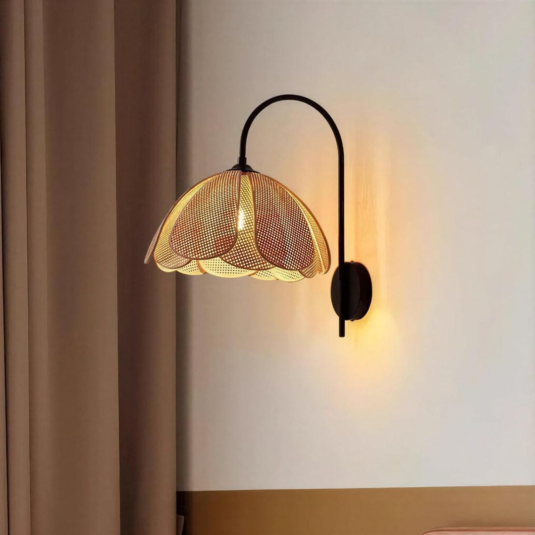 Wall Light With Rattan Shade and Decorative Floral Bloom Design