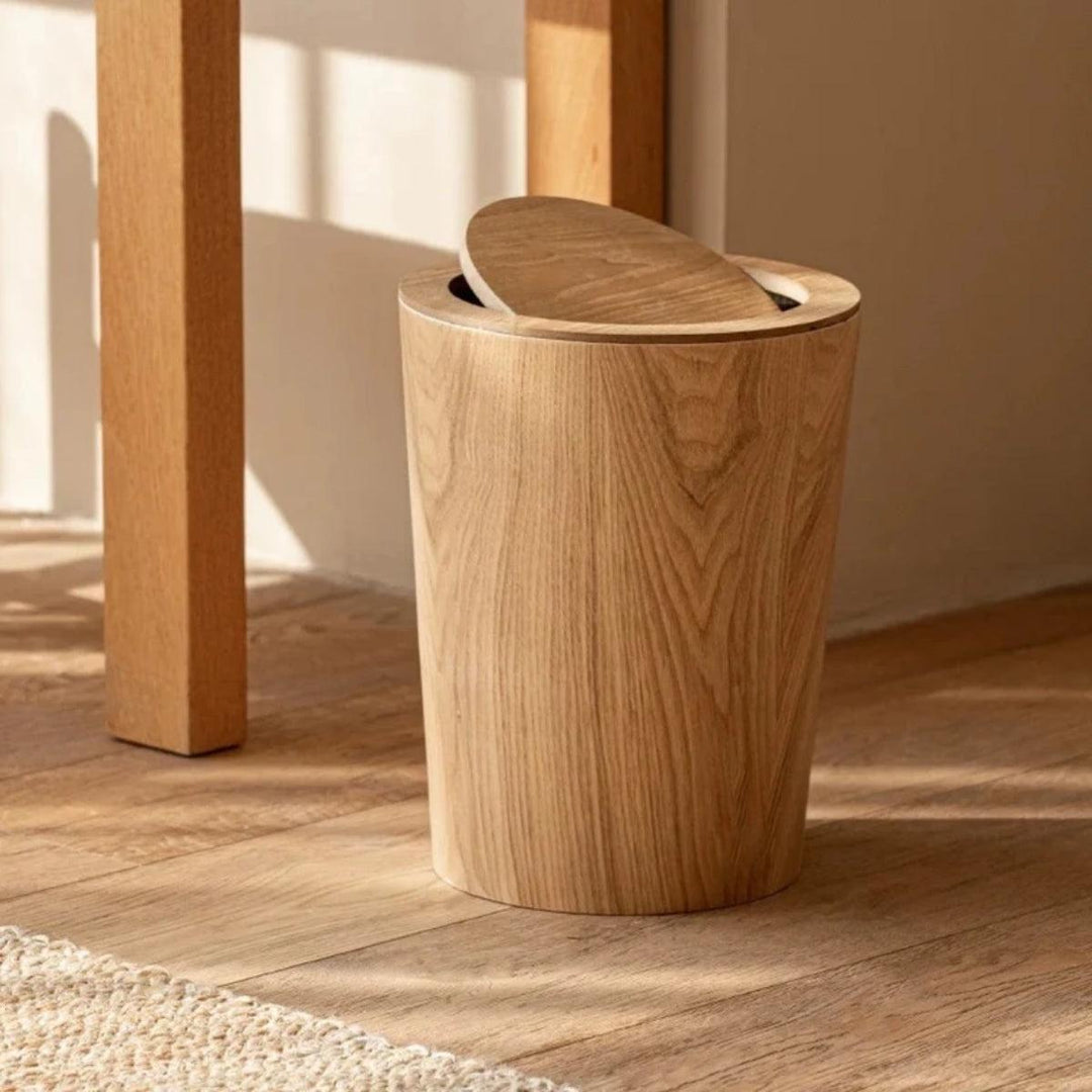 Wood Styled Swing Lid Rubbish Bin With Dual Layer Design