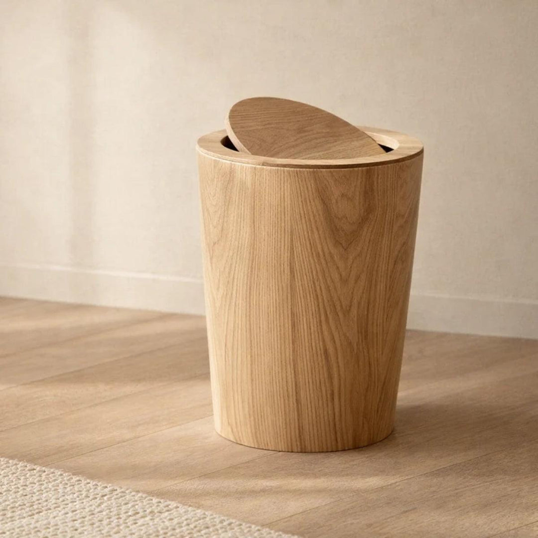 Wood Styled Swing Lid Rubbish Bin With Dual Layer Design