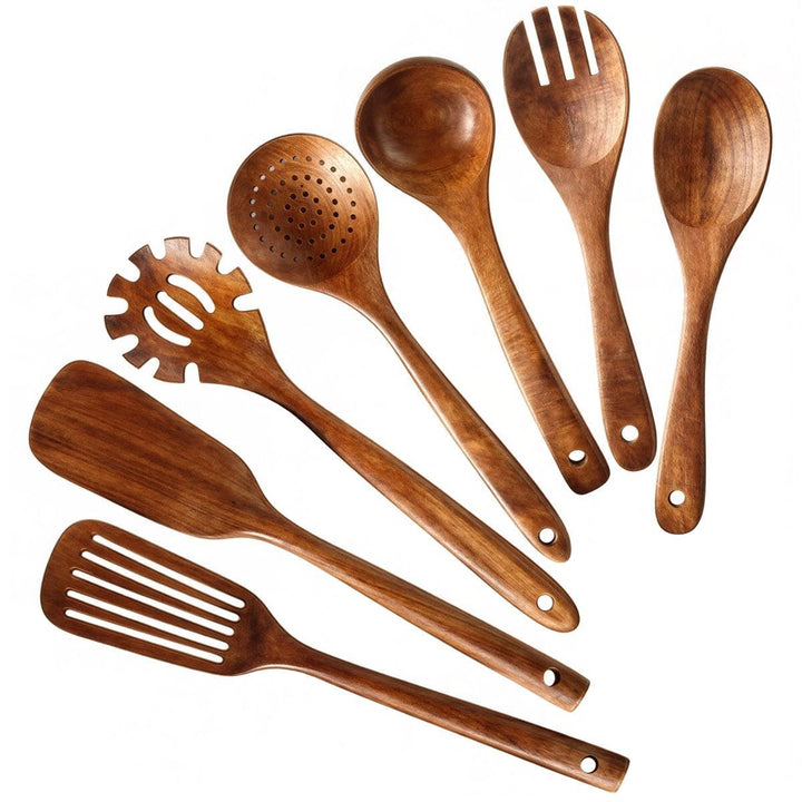 Wooden Kitchenware Cooking Utensils Set With Slotted Spatula And Serving Spoons