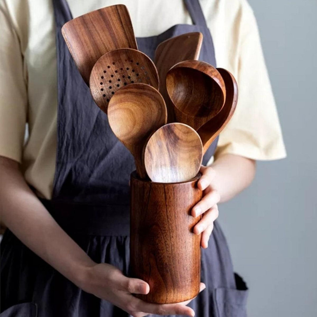 Wooden Kitchenware Cooking Utensils Set With Slotted Spatula And Serving Spoons