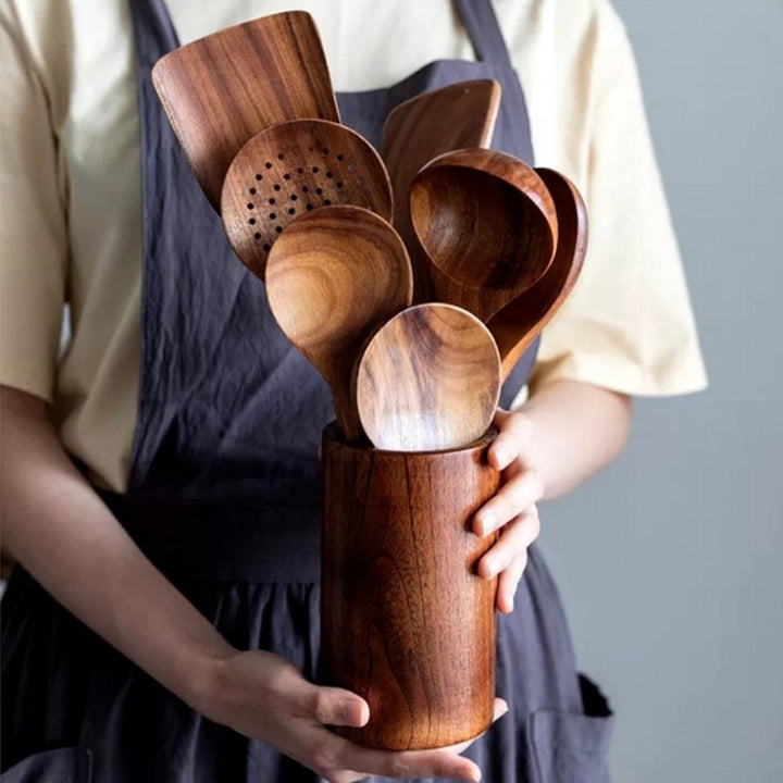 Wooden Kitchenware Cooking Utensils Set With Slotted Spatula And Serving Spoons