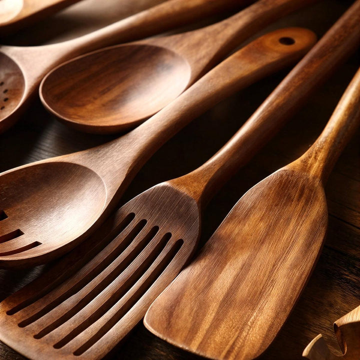 Wooden Kitchenware Cooking Utensils Set With Slotted Spatula And Serving Spoons