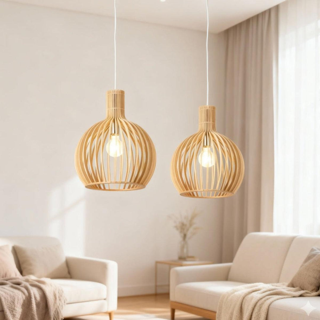 Wooden Open Cage Pendant Lamp With Geometric Design
