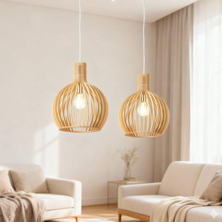 Wooden Open Cage Pendant Lamp With Geometric Design