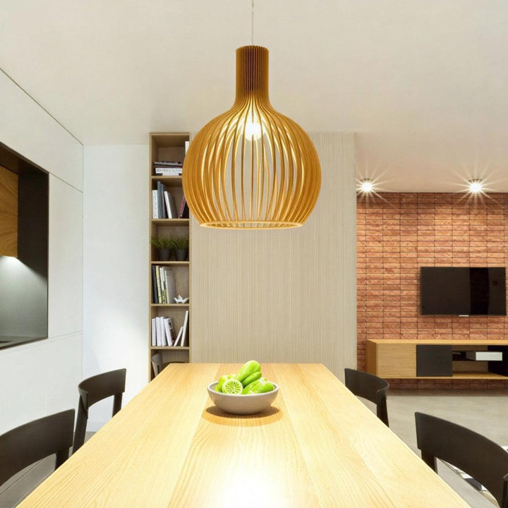 Wooden Open Cage Pendant Lamp With Geometric Design