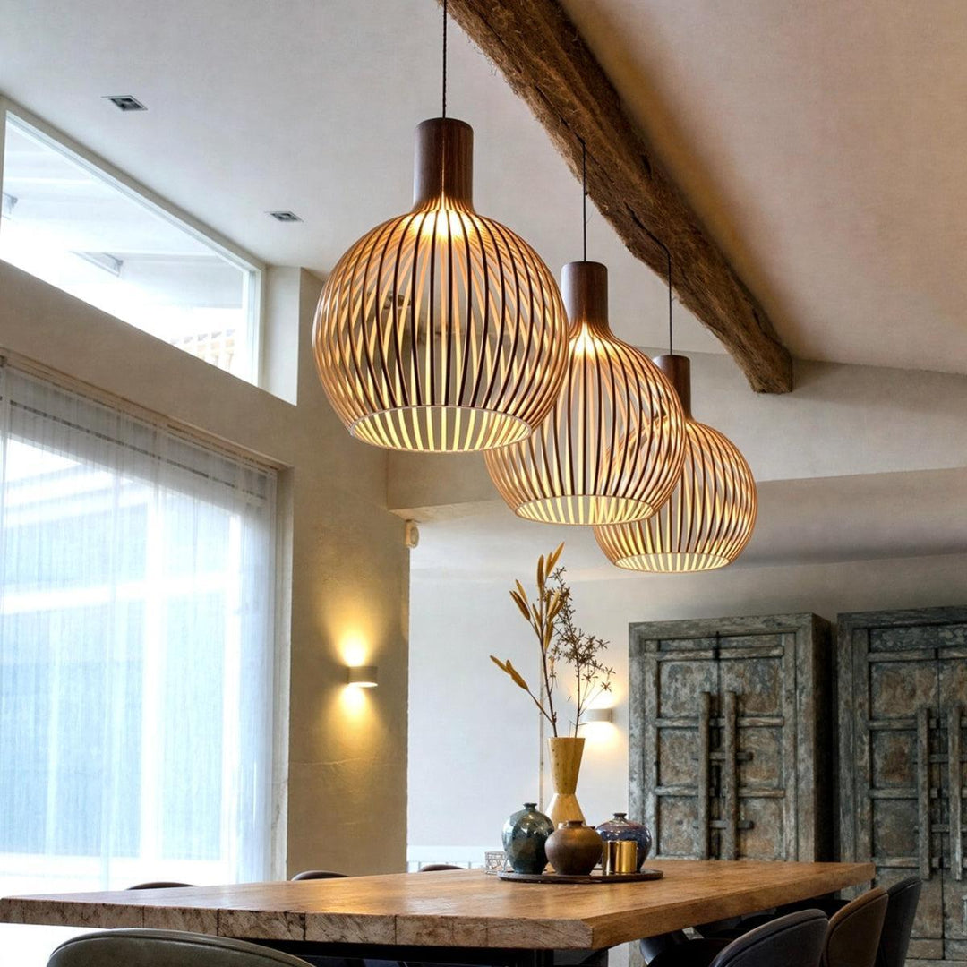 Wooden Open Cage Pendant Lamp With Geometric Design