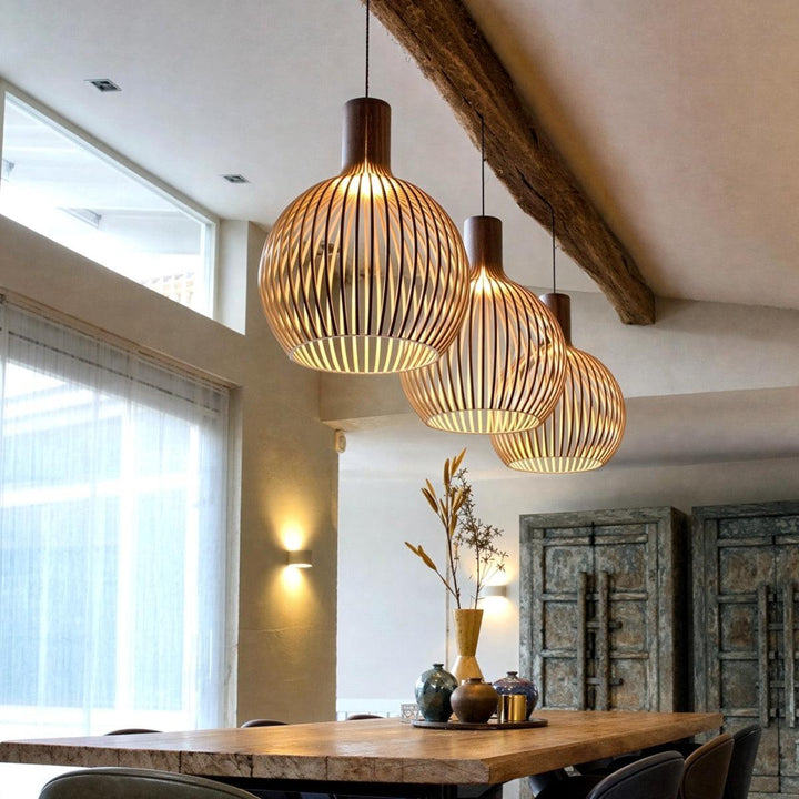 Wooden Open Cage Pendant Lamp With Geometric Design
